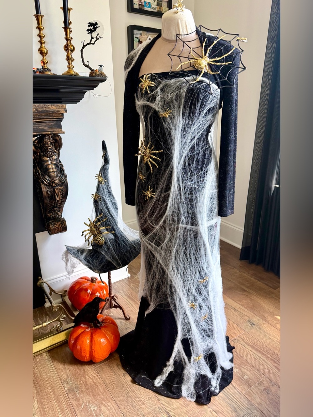 Witch hat & 2 piece dress with gold metallic spiders, and webbing size 10 you to